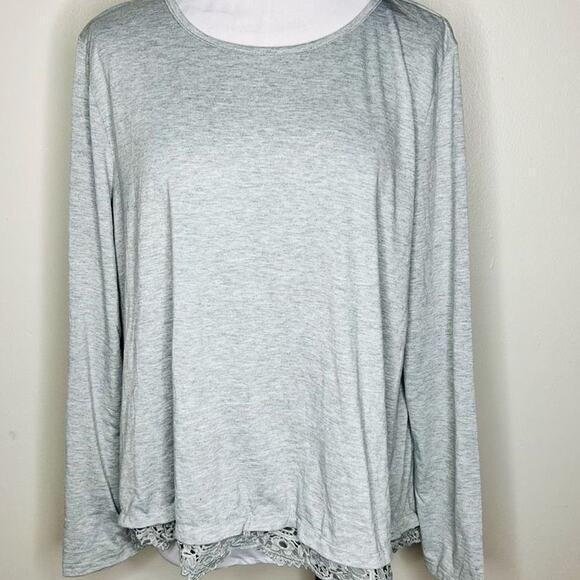Zanzae T-Shirt XL Women Long Sleeve Heather Gray Crochet Hem Relaxed Classic Top - Picture 1 of 7